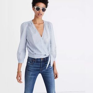 Madewell Wrap Top Women Size XS Indigo Stripe Blue and White Cotton *